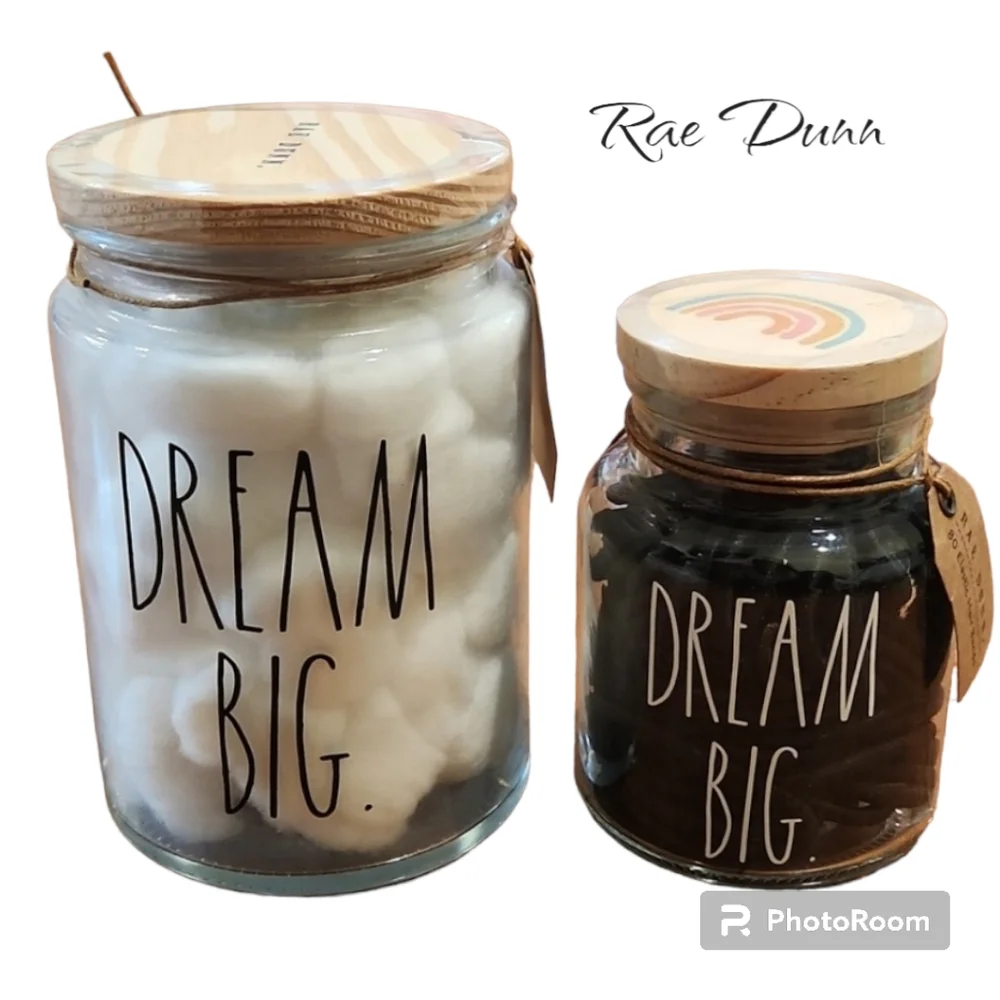 New Rae Dunn 60 Cotton Balls and 80 Elastic Hair Bands in Jars